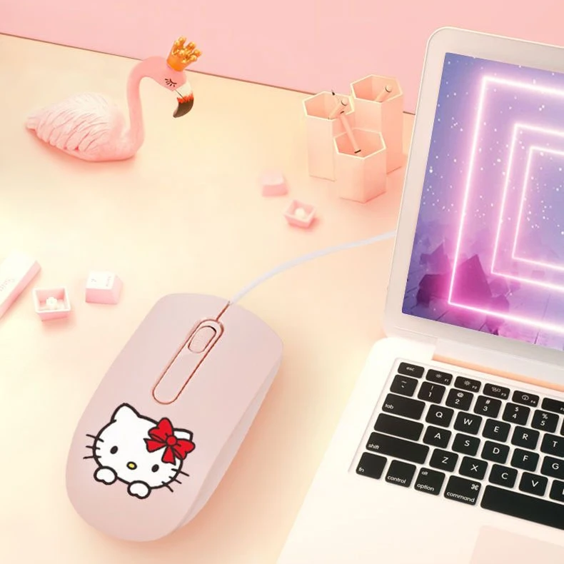 Sanrio Hello Kitty Mouse Pink Kawaii Hello Kitty Wired Mouse Girls Laptop Computer Usb Wired-Mouse Cartoon Anime Office Supplies