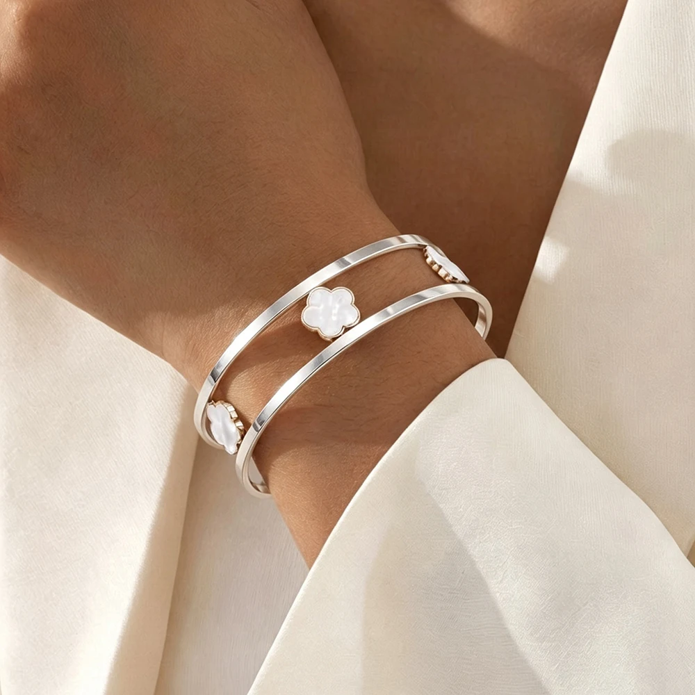 Stainless Steel White Clam Clover Bracelet Set: Delicate and Luxe, Perfect for Everyday Wear, Commuting, and Dates