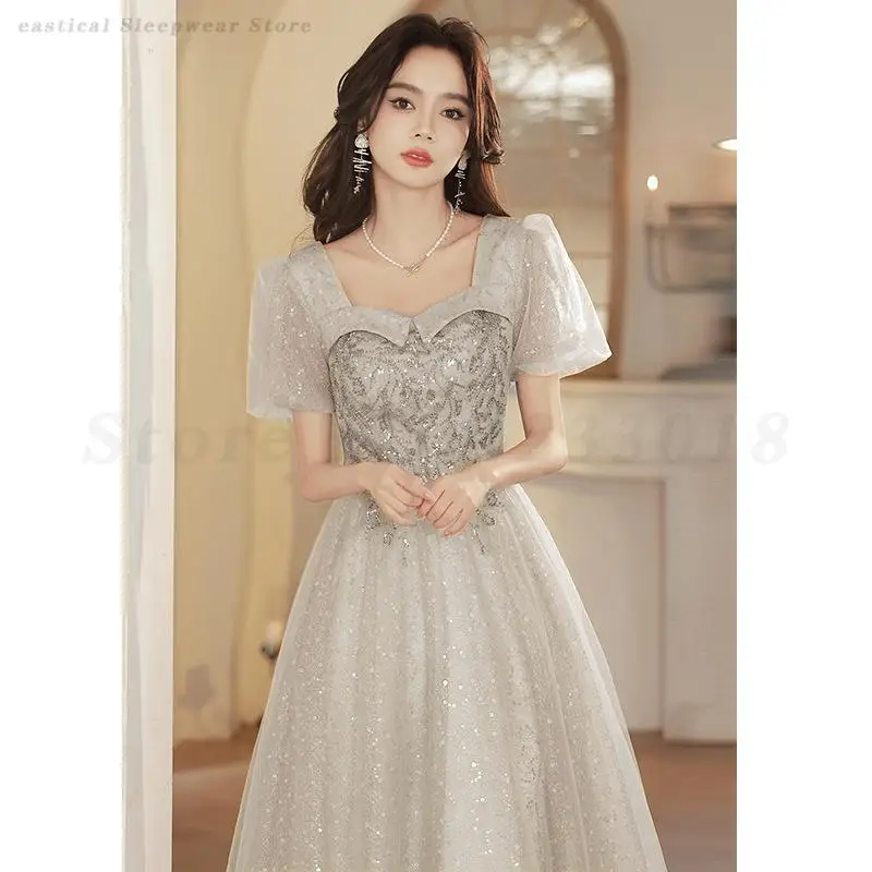 Slim A-Line Dress Square Neck Qipao Female Chinese Styles Bridesmaid Dress Fashion Sequins Cheongsam Evening Party Prom Gown