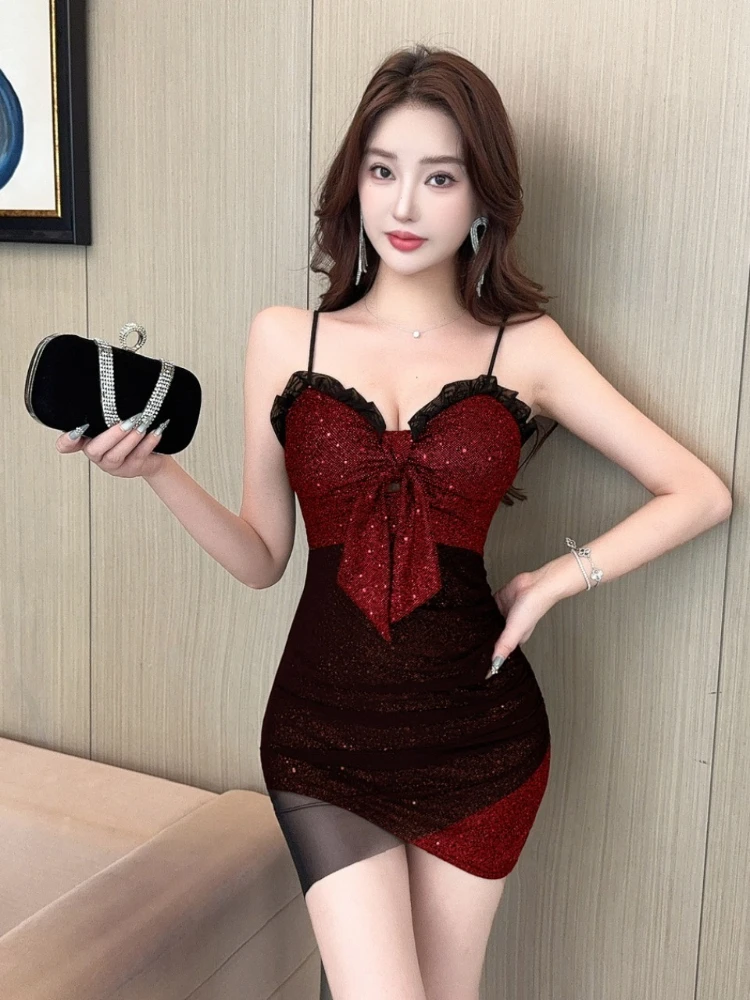 Foamlina Night Club Hip Wrap Dress for Women Spaghetti Strap Sleeveless Sequines Mesh Patchwork Slim Bodycon Mini Party Dress