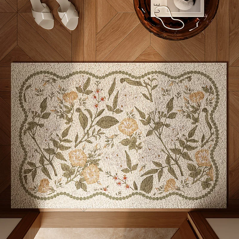 Green Floral Door Mats Water-absorbing Anti-slip Floor Mats Dirt Resistant PVC Silk Ring Door Mat Wear-Resistant Entry Doormat