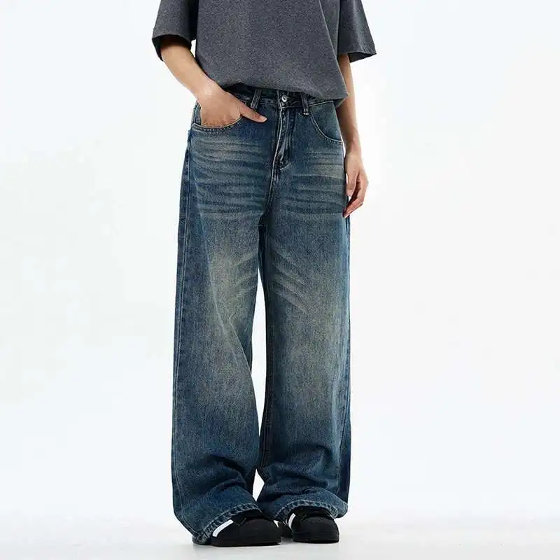 Trendy Men's New Wear Denim Pants New American Washed Fashion Men Cleanfit Versatile Wide Leg Jeans Summer PTP8