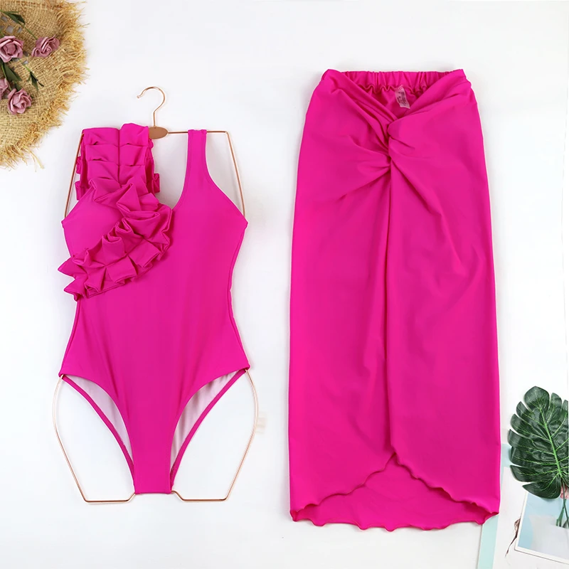 2024 Sexy 3 Pieces Bikini Push Up 3D Flower Purple Tassel Swimsuit Backless Cross Wrap Beachwear Lady Summer Skirt Bathing Suit