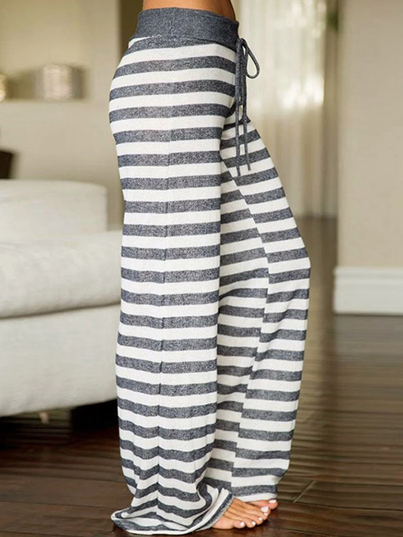 سراويل كاجوال مرنة مطبوعة مخططة للسيدات، سراويل مريحة وفضفاضة