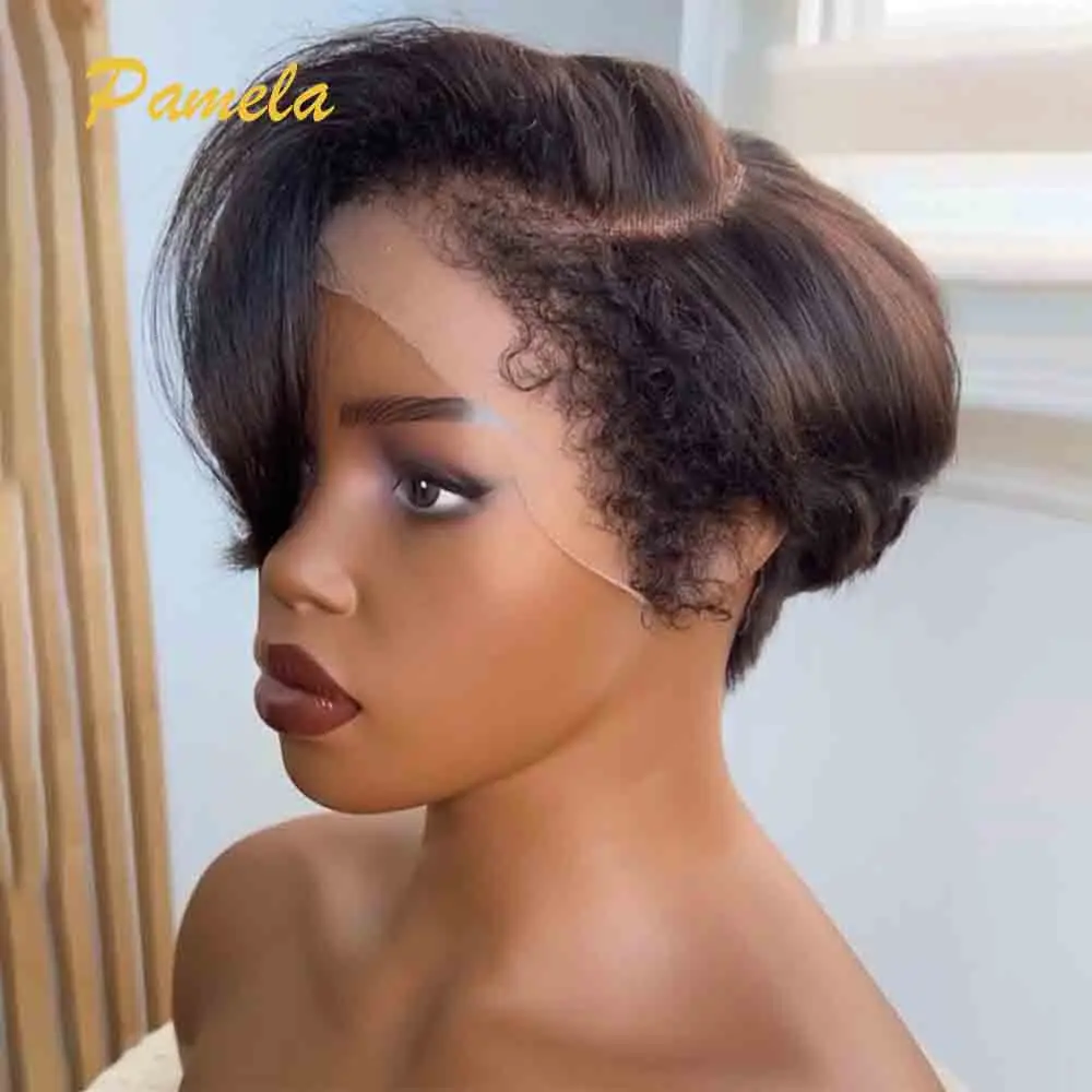 Kinky Edges Natural Hairline Pixie Cut Short Bob Straight Transparent Lace Front Glueless Prepluked Wig Human Hair Ready To Wear