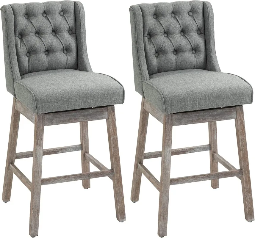 

Bar Height Bar Stools Set of 2 180 Degree Swivel Barstools 30" Seat Height Bar Chairs with Solid Wood Footrests and Button