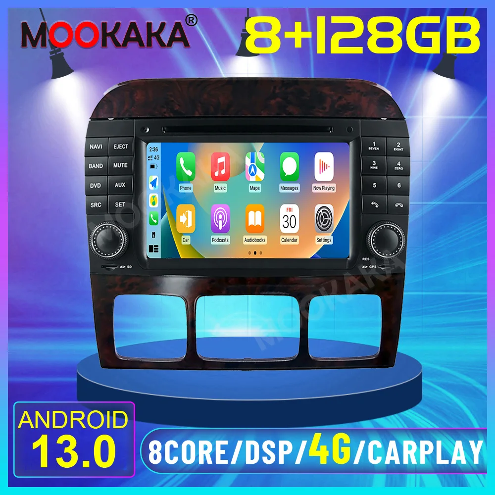 Upgrade de Rádio Automotivo Android 14.0 4+64GB para Mercedes Benz Classe S W220 1998 - 2005 com DSP, 4G, Multimídia e DVD Player.