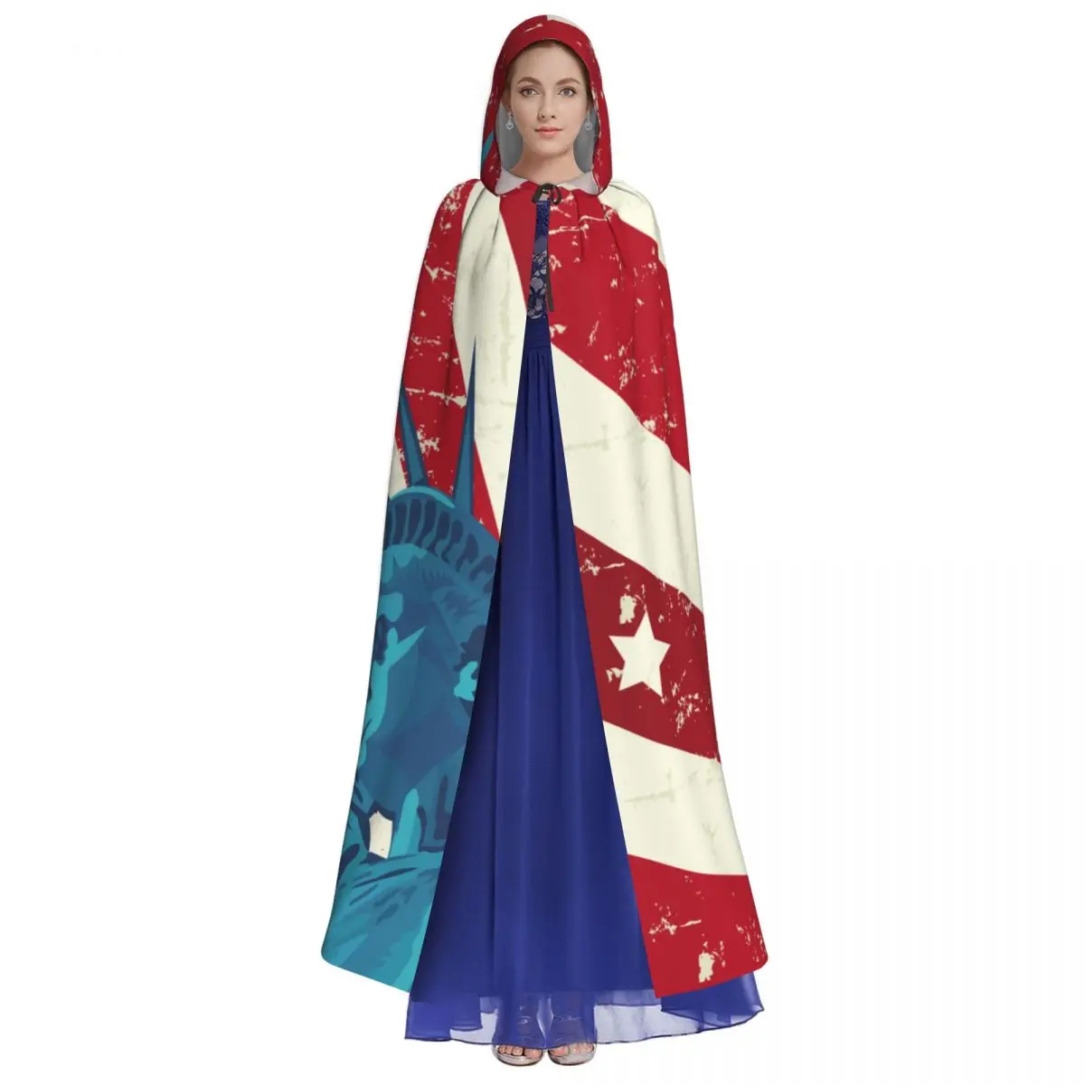 Adult Cloak Cape Hooded American Flag With The Statue Of Liberty Medieval Costume Witch Wicca Vampire Elf Purim Carnival Party