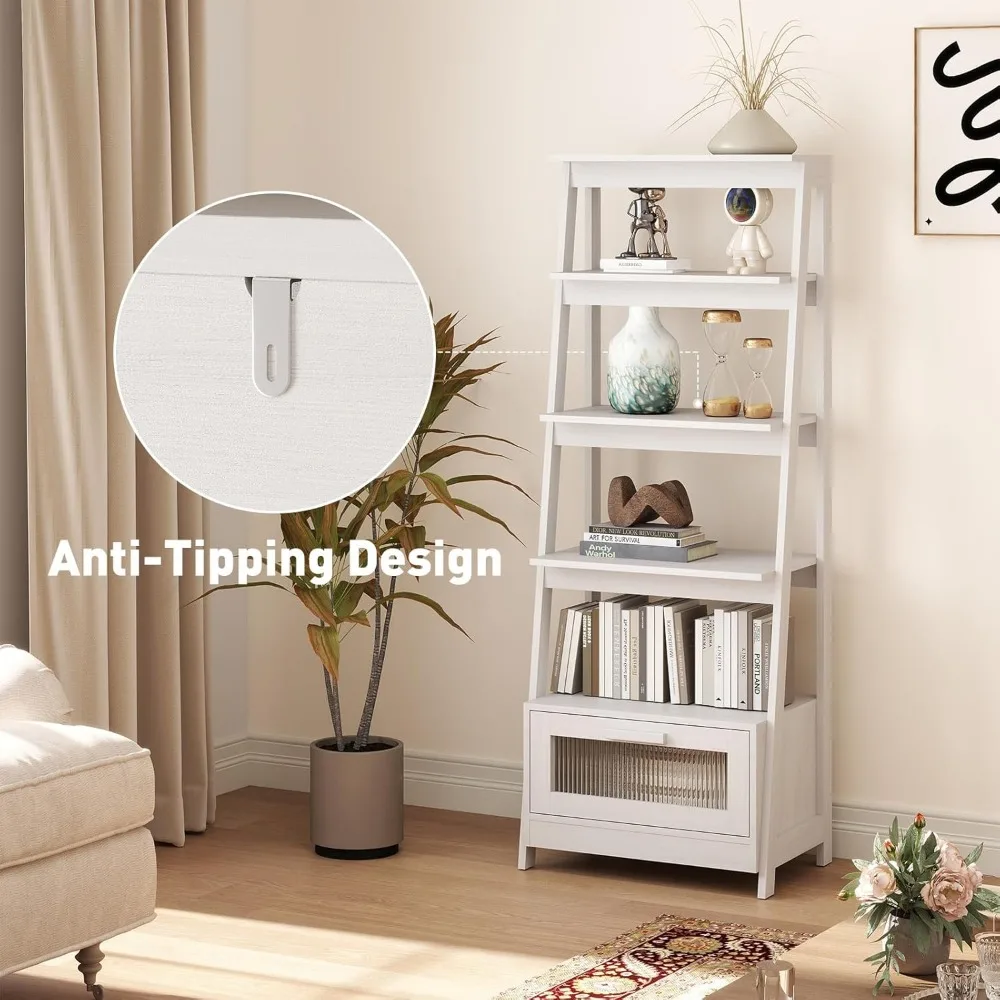 Libreria alta moderna a 4 livelli in legno massello con portaoggetti, 63 ante alte, libreria da soggiorno