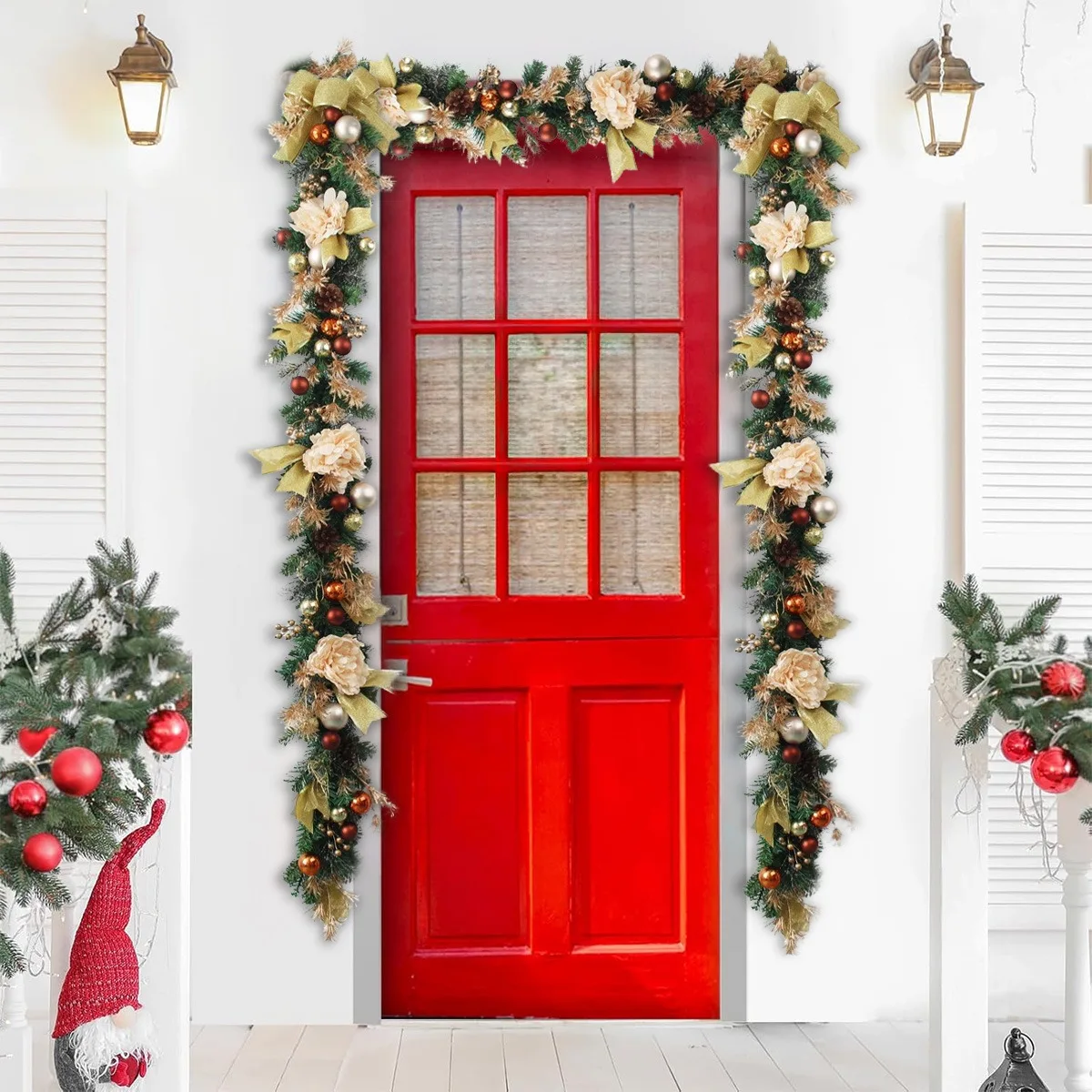 

5.9ft Christmas Garland, Outdoor Xmas Garland Pine Cones Ball Ornaments Gold Bow Garland for Mantle Fireplace Stairs