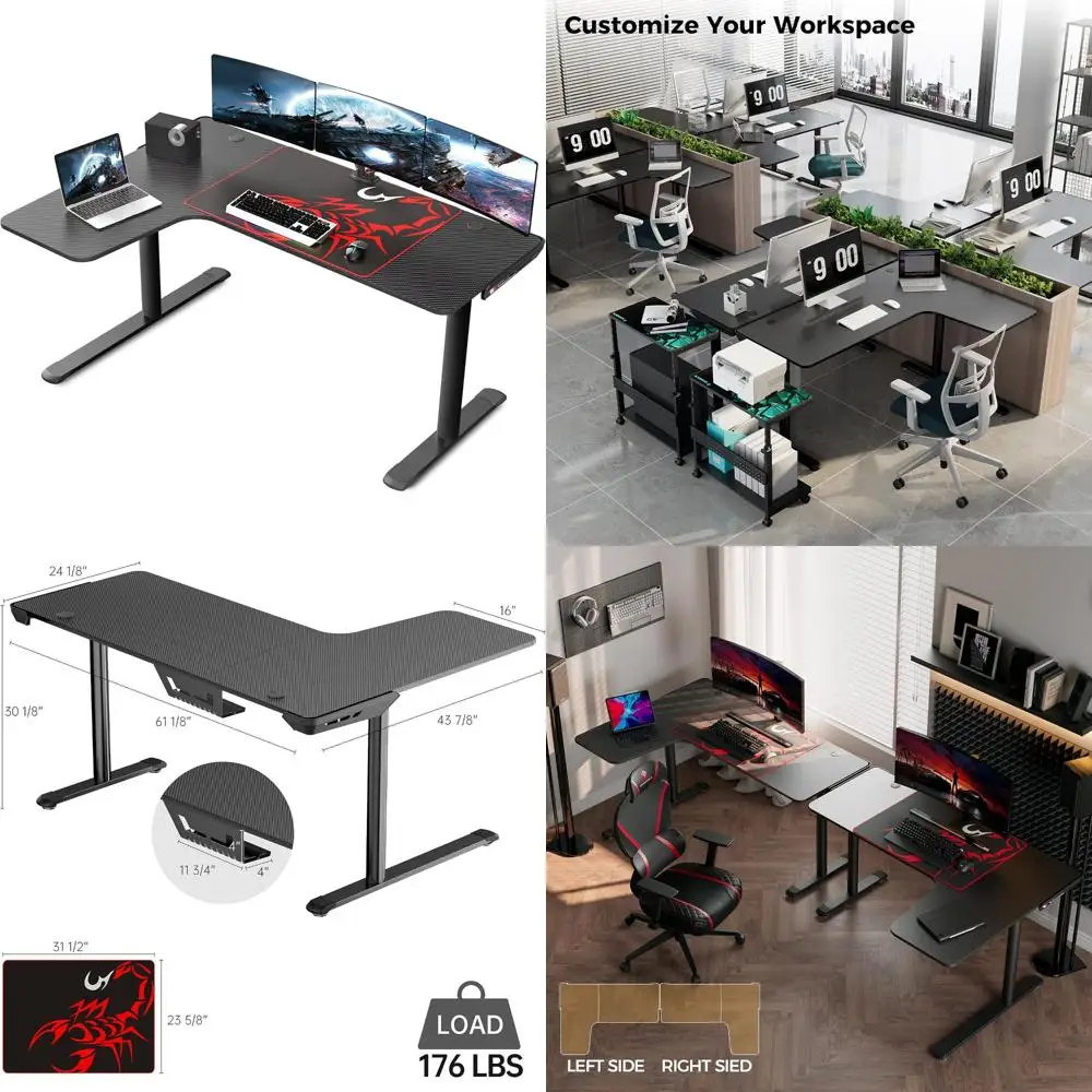 

60 Inch Ergonomic L-Shaped Gaming Desk: Home Office Corner PC Computer Gamer Table, Large Writing Workstation
