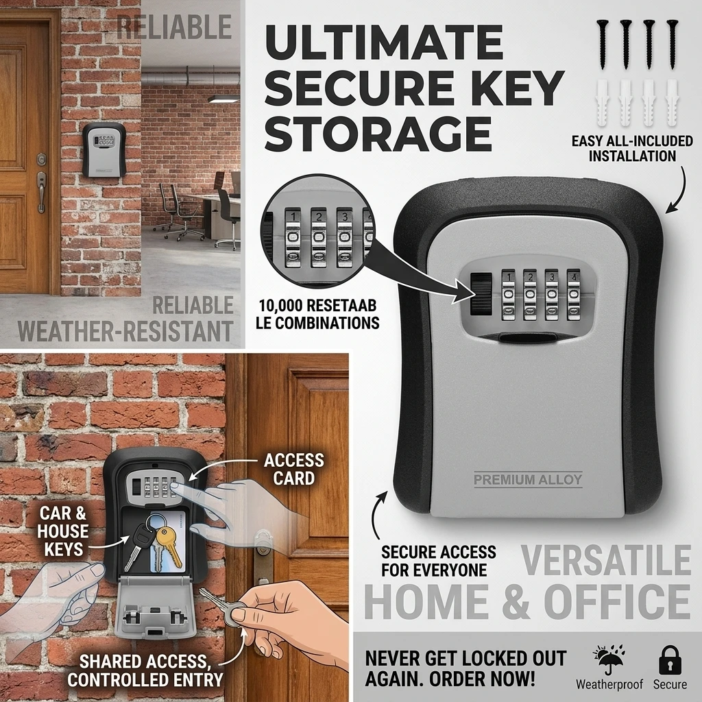 4 Digit Code Box Free Installation Outdoor Password Key Box Extended Locking Hook Steel Wire Hanging Key Storage Waterproof Key