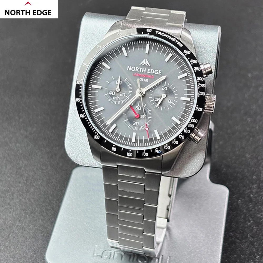 NORTH EDGE LONGWINGS Aviator Chronograph Wristwatch Solar Powered 180 Days  Water Resistant Hardened Mineral Glass Steel BandNEW