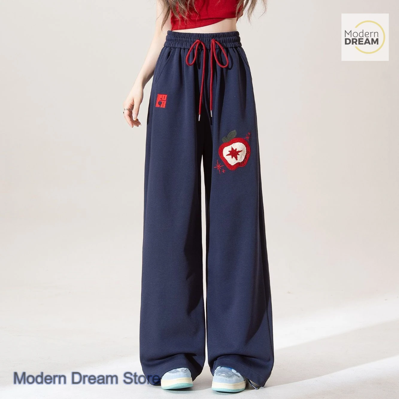 Korean style Apple Embroidery Sports Pants Women's Spring and Autumn elastic drawstring high waist loose Joker wide-leg pants