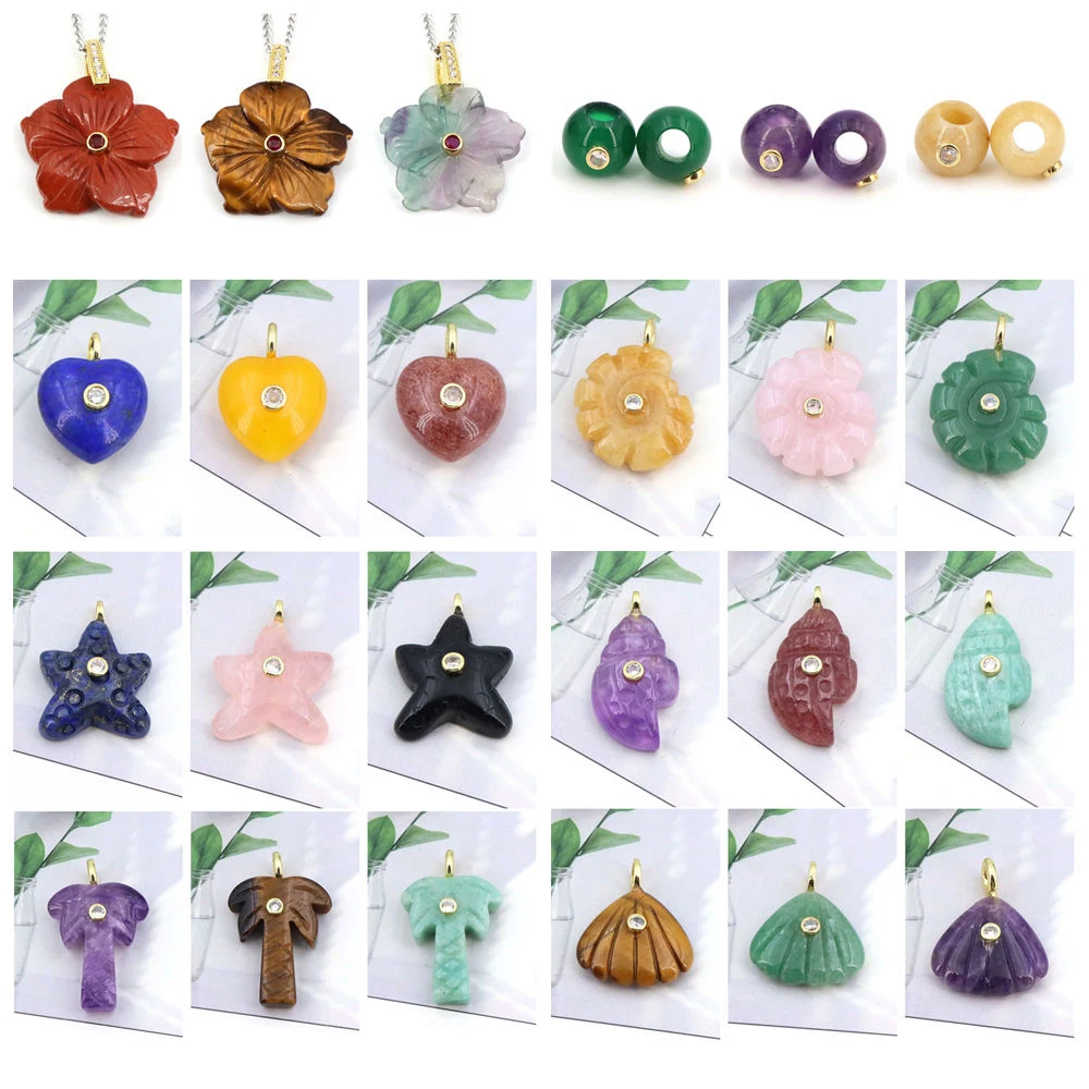 Wholesale Random Natural Stones Crystals with Zircon Carved Sea Creatures Shell Heart Pendant DIY Necklace Crafts Jewelry Making