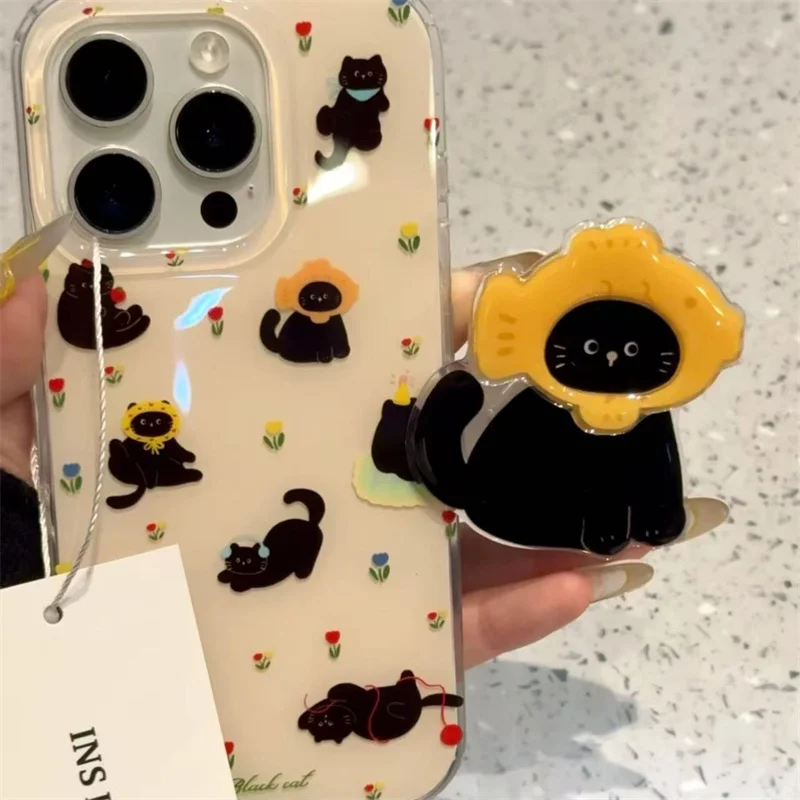 Doppellagige, bemalte Handyhülle mit einem niedlichen kleinen schwarzen Kätzchen und einem Kätzchenhalter für iPhone 11 12 13 14 15 16 17 18 Pro Max – Detail 3