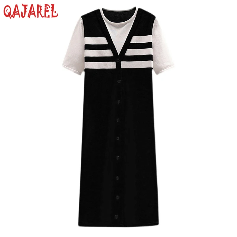 Summer Black Knitted Cotton Patchowrk Fake Two Piece Midi Dress Women Korean Vintage Hepburn Dress 2024 New Elegant Loose Dress