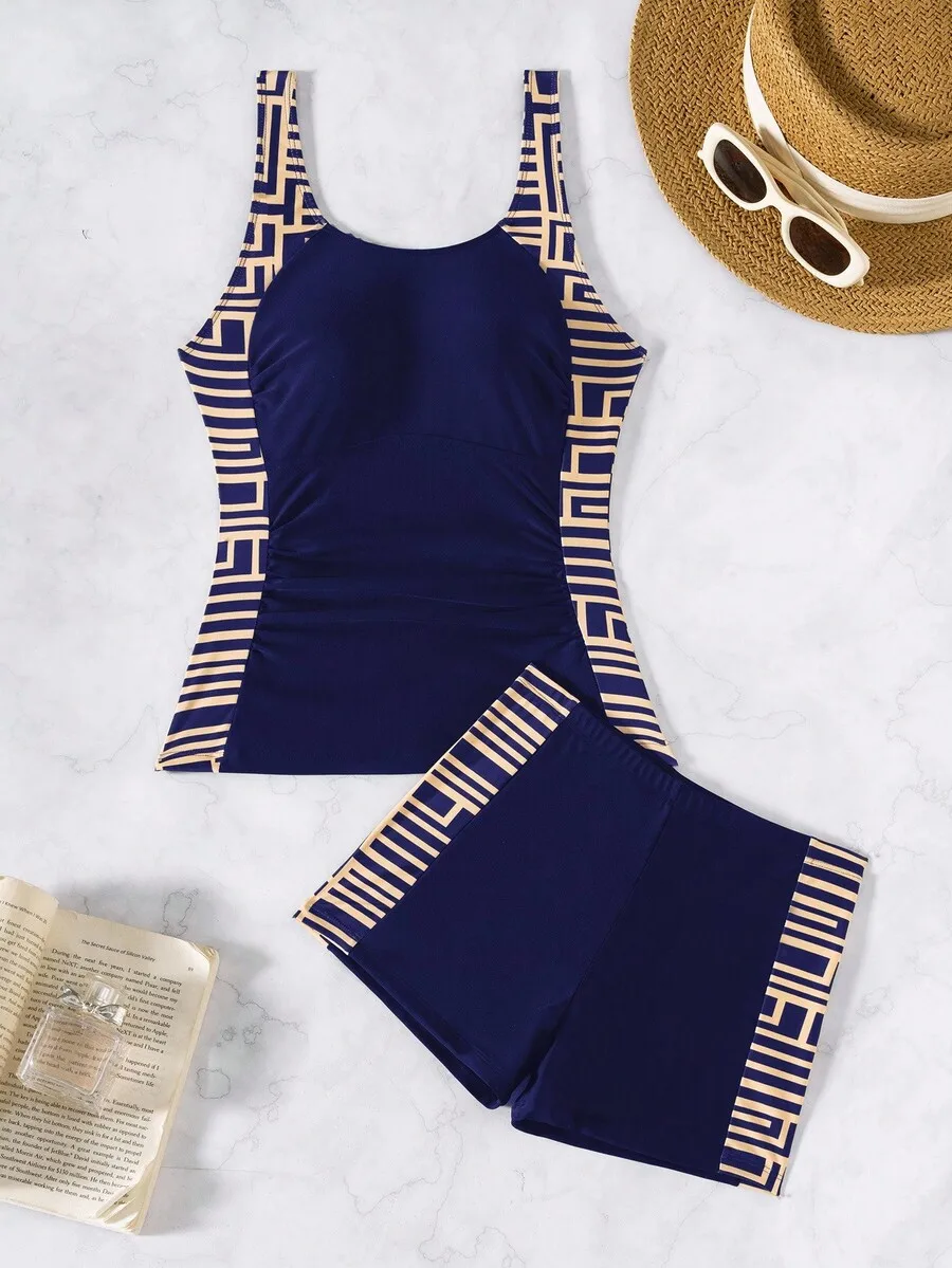 Blue Geometric Print Tankini Set Women Sleeveless Ruched Tummy Control Swimsuit Shorts Beachwear