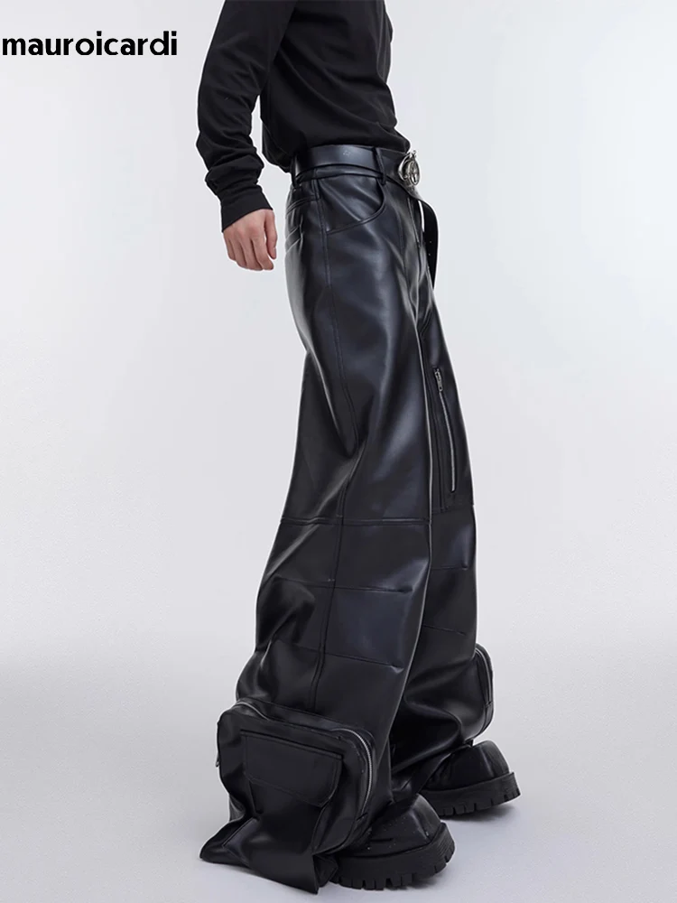 

Mauroicardi Autumn Long Black Baggy Pu Leather Wide Leg Cargo Pants for Men Three-dimensional Pockets Luxury Designer Clothes