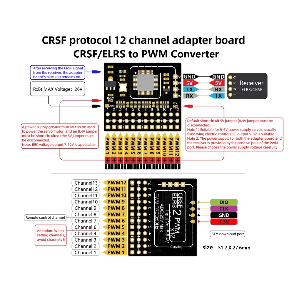 AneegFpv 5-12 فولت 12CH CRSF/ELRS إلى PWM محول بيند دبوس نوع لوح مهايئ 50 هرتز PWM الناتج 5-12 فولت BEC لطائرة بدون طيار FPV TBS استقبال #5