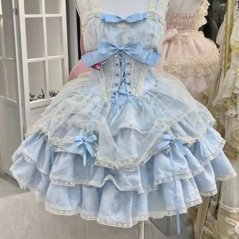 Lolita arco vestidos de renda y2k jk original jsk borboleta doce azul rosa em camadas plissado espartilho roupa princesa festa cosplay meninas