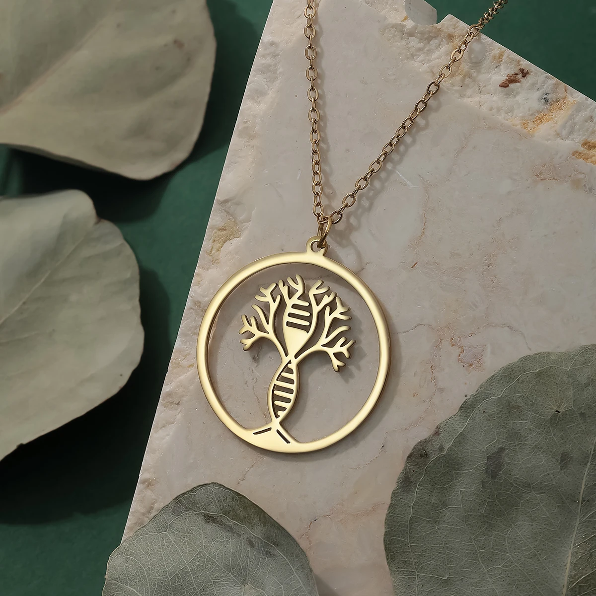 Kinitial Stainless Steel Round DNA Tree Of Life Pendant Necklace Women Dainty Jewelry Family Tree Charm Necklace Gift For Mom