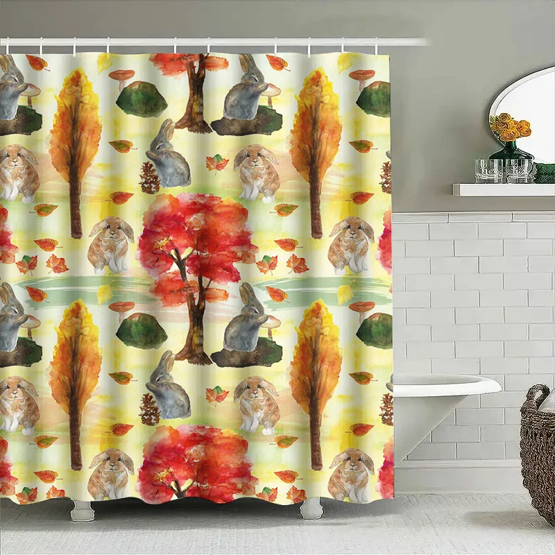 Vivid Fall Forest Animal Print Shower Curtain Rabbit, Maple Leaf Mushroom Design for Bathroom Decor