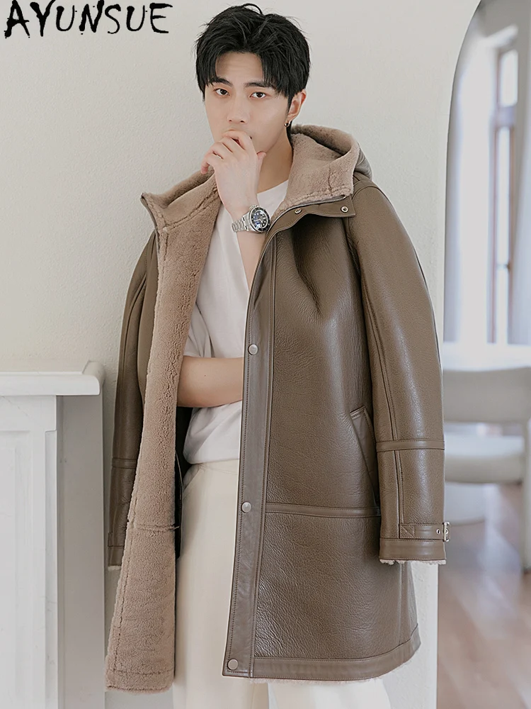 AYUNSUE Imported Merino Sheepskin Fur Jacket for Man Hooded Winter Mid-length Men Leather Jacket Real Fur Coat Luxury Chaqueta