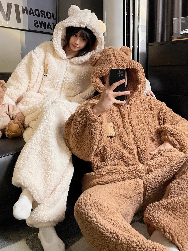 

DAIMELU couple pajamas women's autumn sleepwear coral fleece flannel men's winter hooded fleece thickened loungewear set nighty