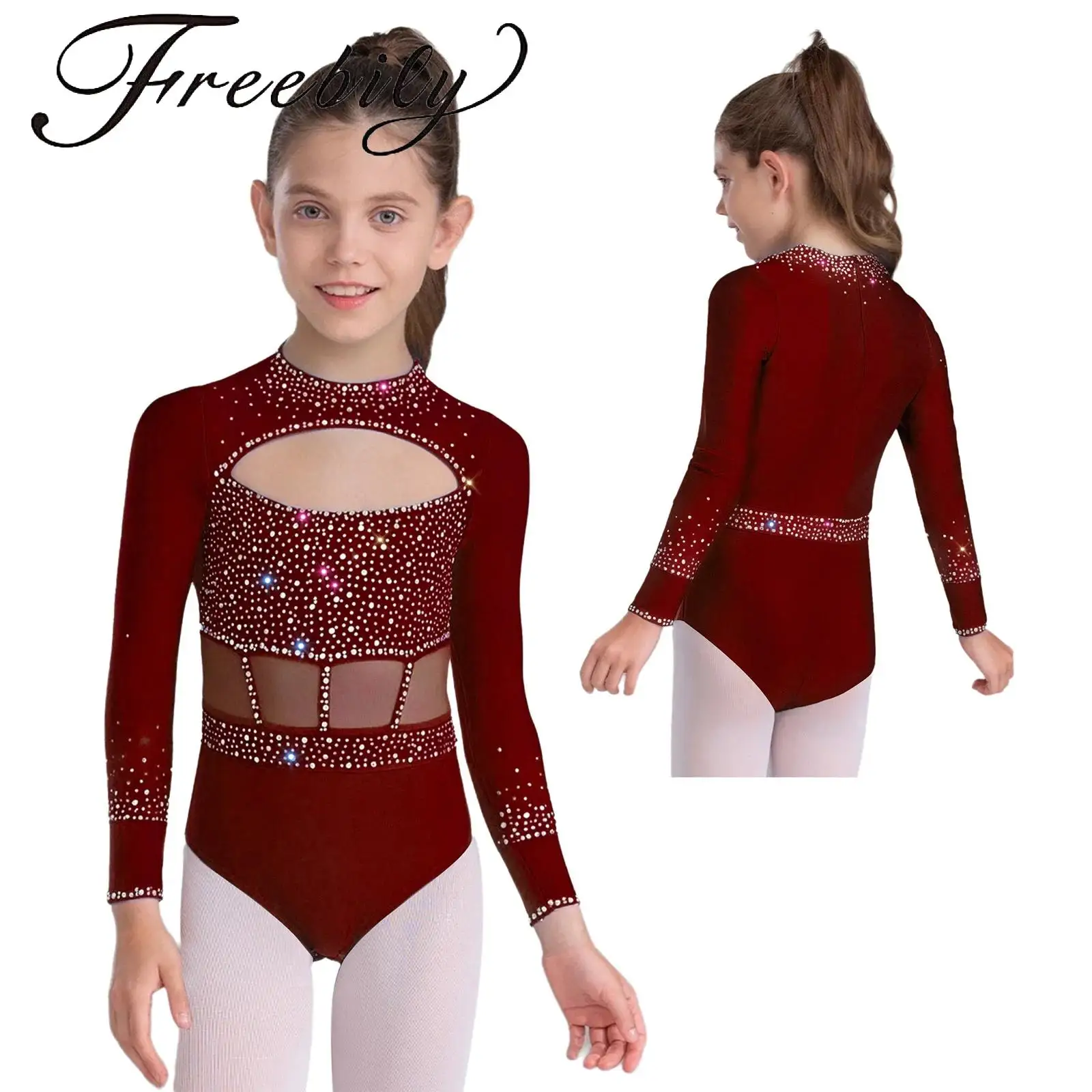 

Kids Girls Zipper Dance Leotard Shiny Rhinestones Crew Neck Long Sleeve Back Invisible Cutout Front Bodysuit Stage Gymnastics