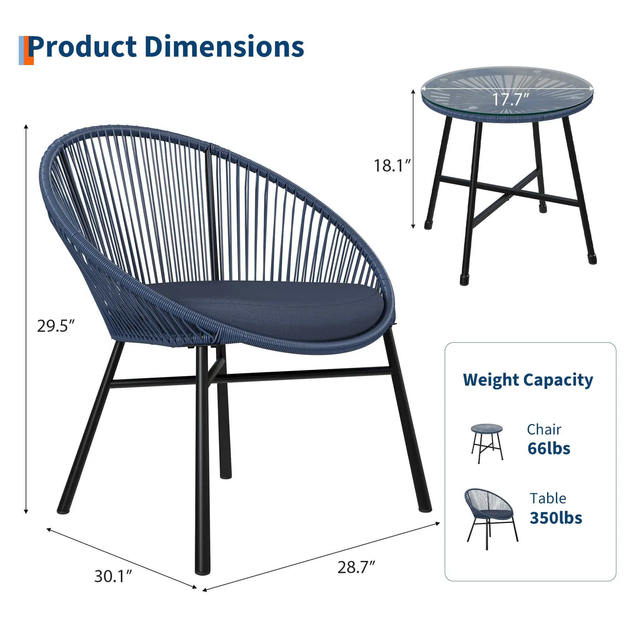 3 Pieces Outdoor Acapulco Chair Patio Bistro Set, All-Weather Acapulco Chairs with Glass Top Table, Modern Patio Conversation