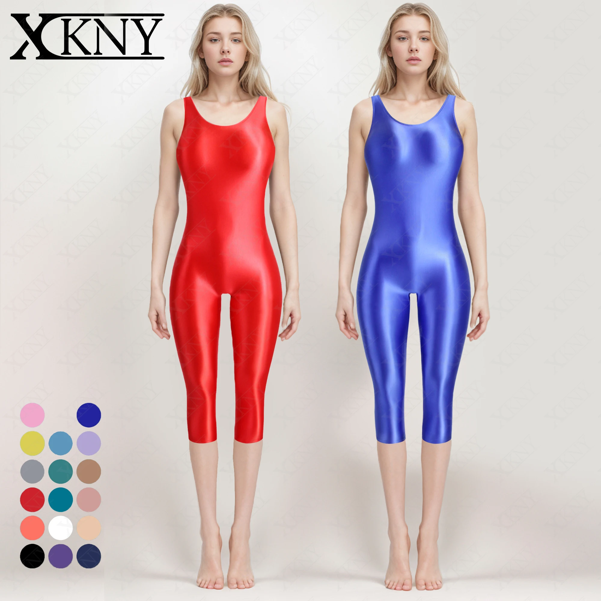 

XCKNY satin glossy tights oily silky round neck vest suit Yoga Leotards 7-point length pants tights unisex oversized swimsuit