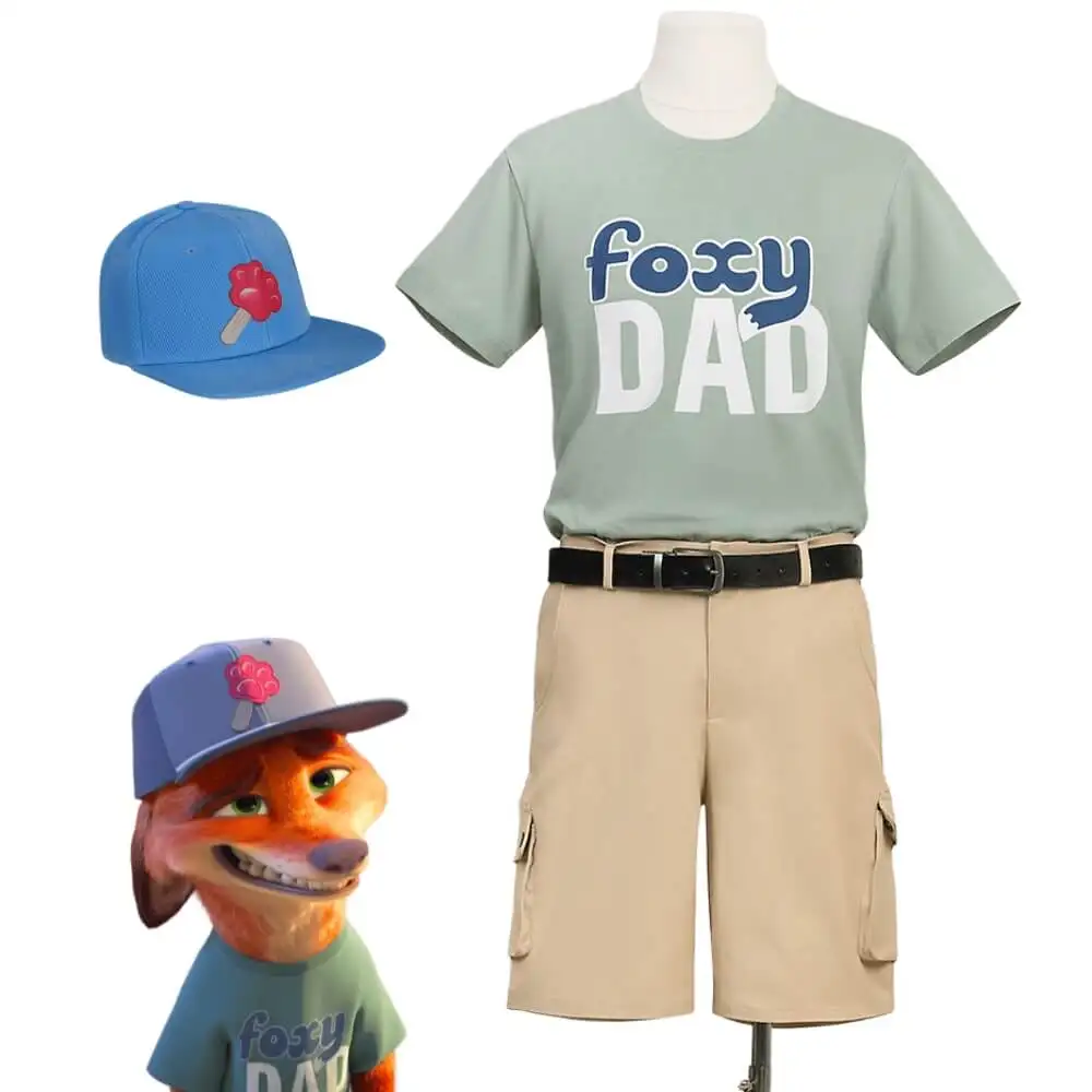 

ZPD Fox Nick Wilde Cosplay Costume Zootap Men's Anime Rise of the Non Mammalians Adult Foxy Day Shirt Shorts Cap Halloween Party