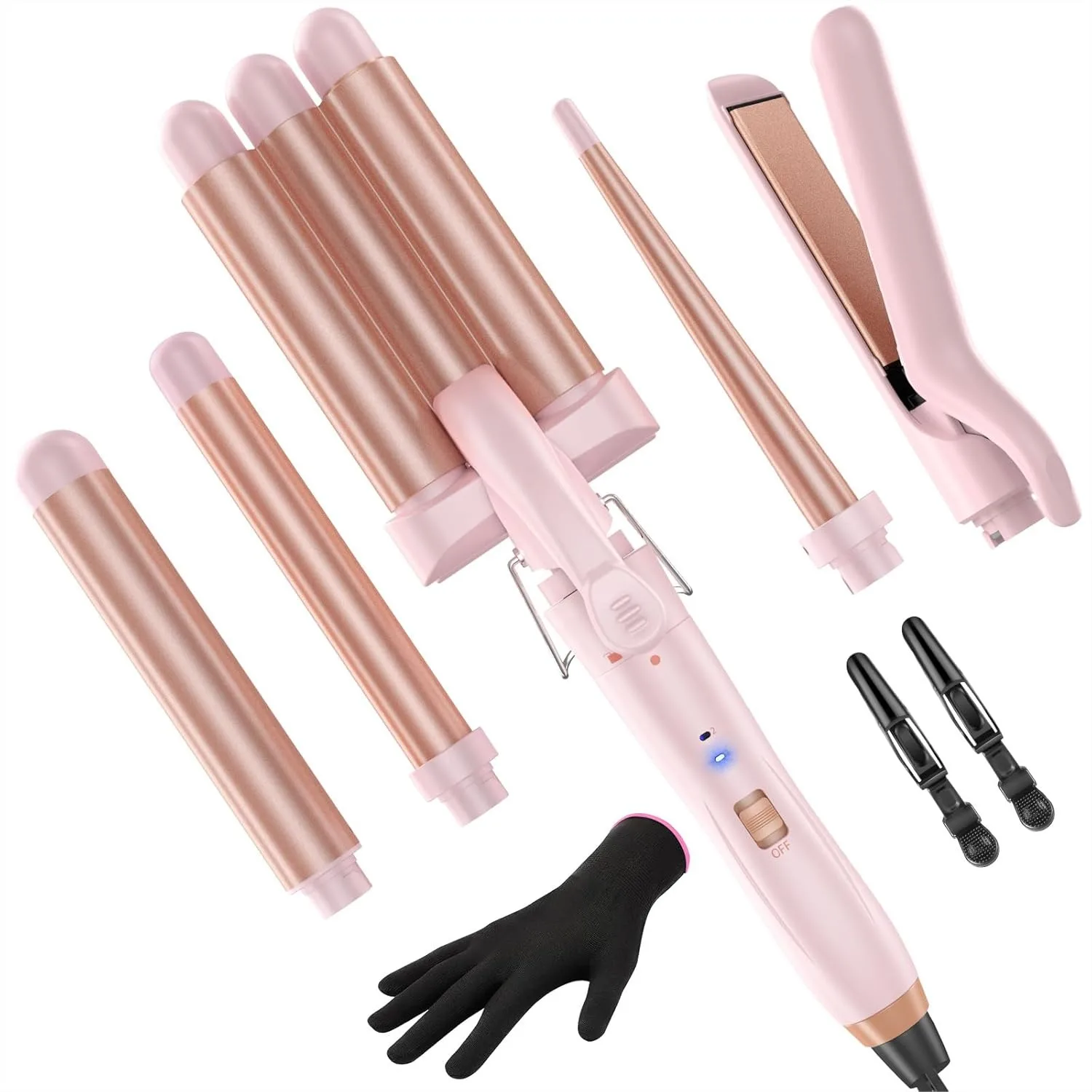 5 in 1 Curling Iron Set with Hair Straightener, 3 Barrels, 2 Temps Fast Heat, Glove & Clip - Light Pink