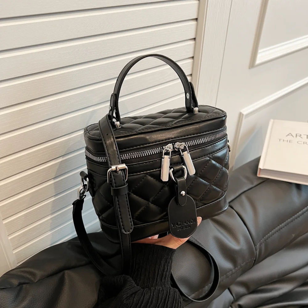 Black Mini Quilted PU Handbag, Solid Color Ladies Purse with Top Handle & Shoulder Strap, Classic Shoulder Bag