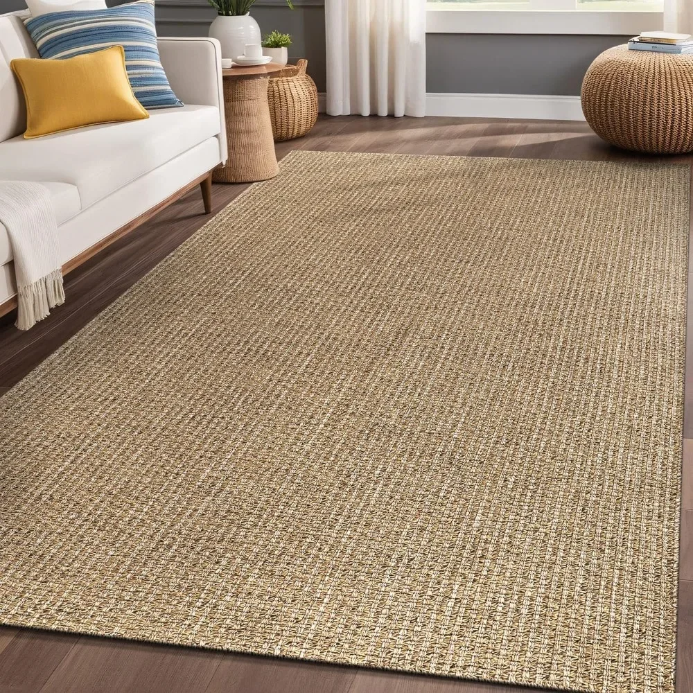 Jute Rugs 6x9 Natural Color Living Room Indoor Outdoor Area Rug, High Traffic Washable Solid Boho Woven Design Outside Carpet