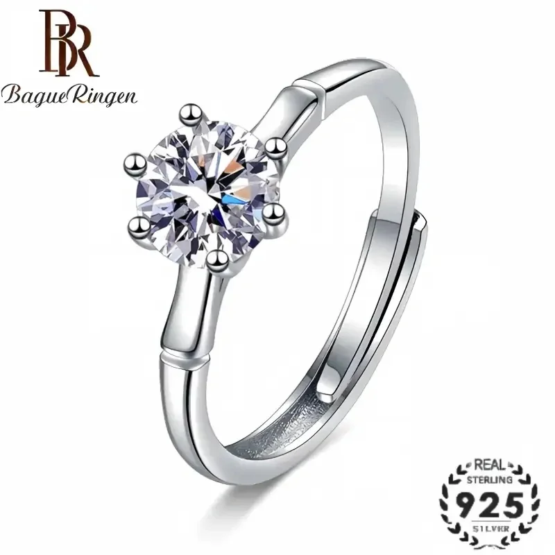 BR 1CT S925 Sterling Silver Adjustable Ring for Women Simple Bamboo Design Moissanite Ring D VVS1 Exquisite Moissanite Jewelry