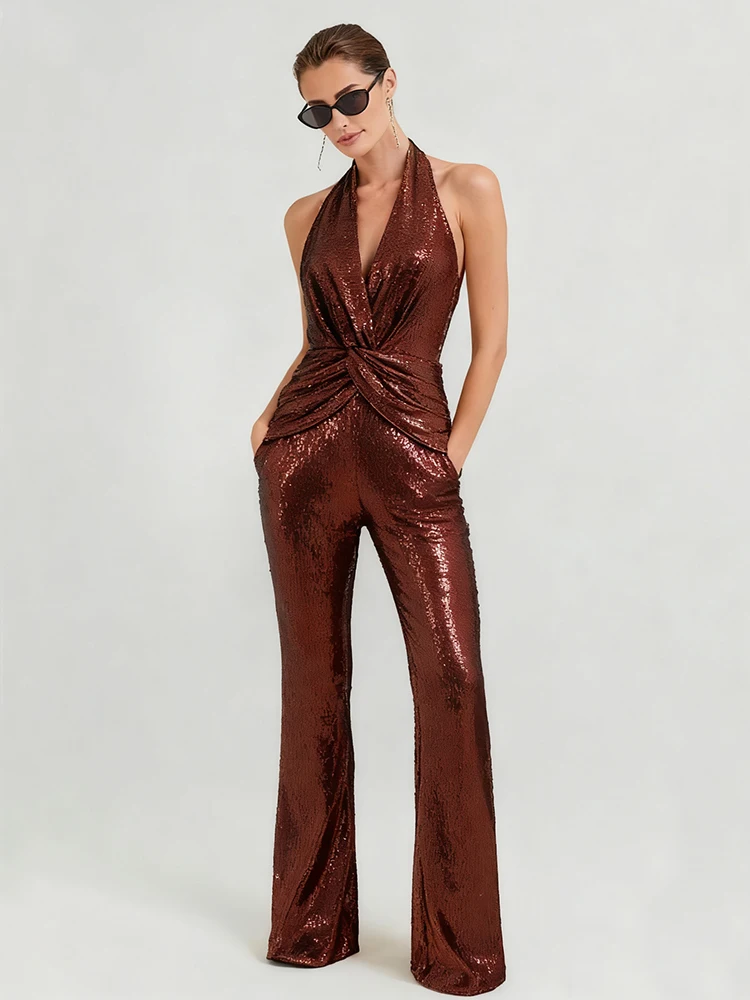 جديد 2025 جمبسوت نسائي مثير بفتحة رقبة على شكل V عميقة موضة صيفية أنيقة بدون أكمام بخصر عالٍ للحفلات في الشارع ثوب فضفاض مستقيم #3