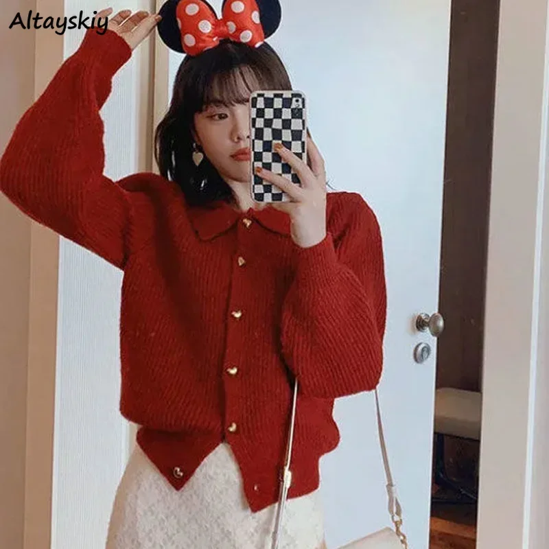 Women Cardigan Christmas Red Winter Autumn Inside Peter Pan Collar Elegant Knitted Sweater Sweet Lovely Single Breasted Chic