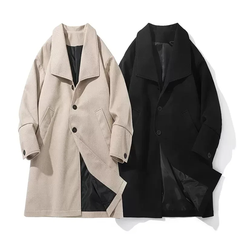 

Autumn/winter Fashion Solid Color Thickened Warm Long Woolen Coat Men's Casual Loose Sports Plus Size High Quality Trench Coat