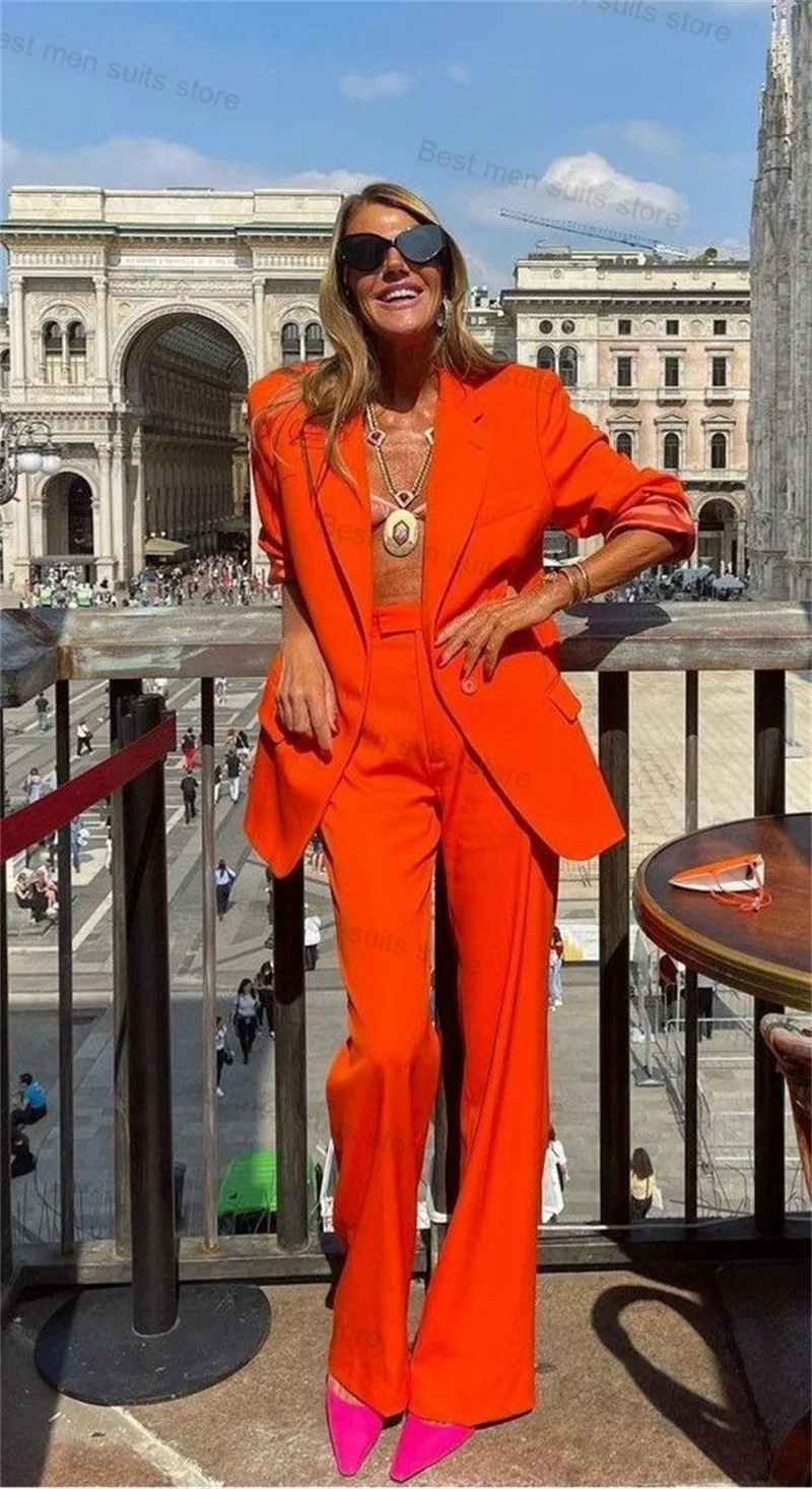 Ensemble 2 Pièces Blazer et Pantalon en Coton Orange pour Femme, Tenue de Rue Formelle, Veste de Bureau, Smoking sur Mesure, à la Mode