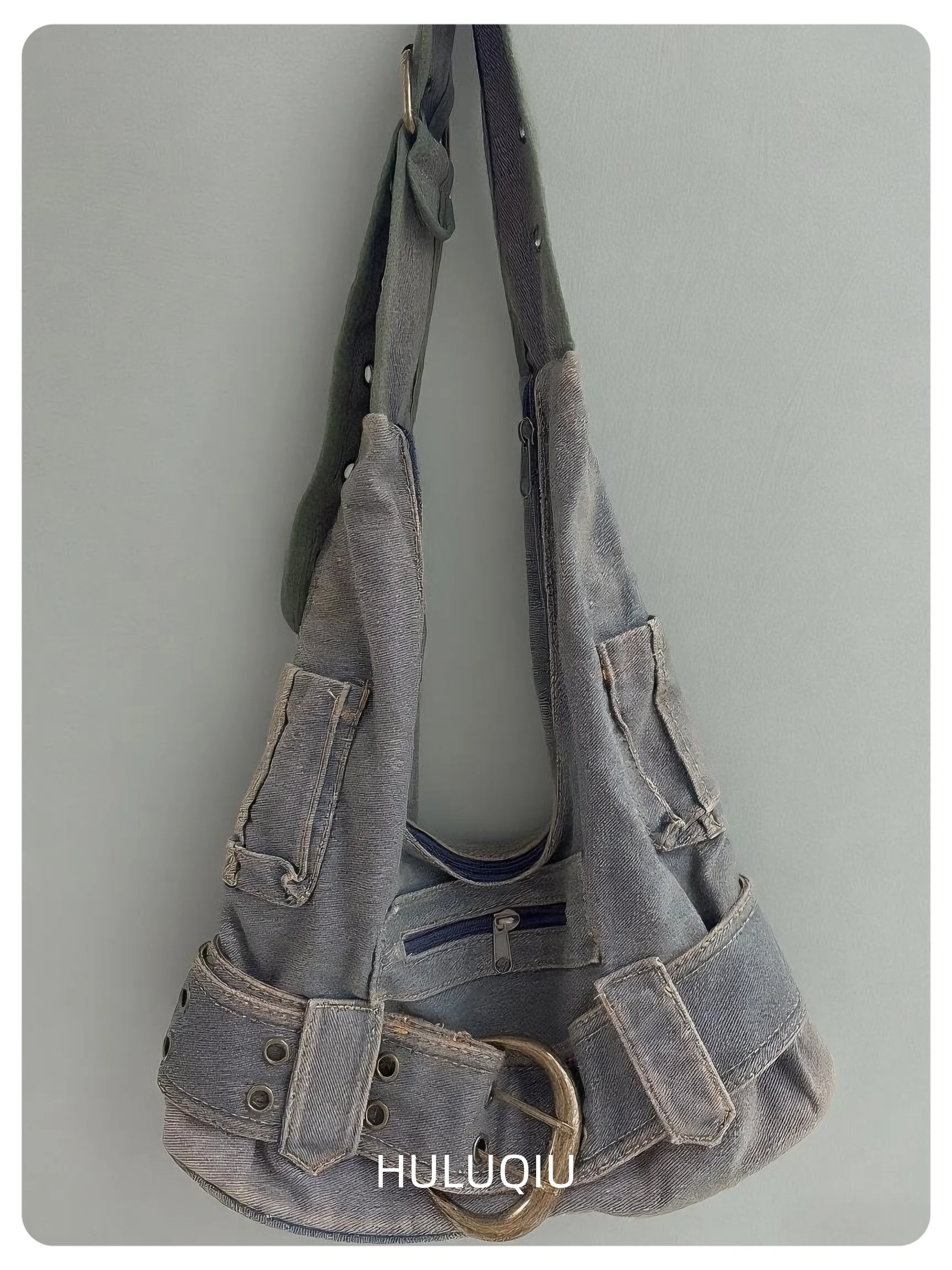 

Vintage denim Y2k women shoulder bags Large Capacity punk wide strap rivet lady handbags retro Underarm Bags Female purses