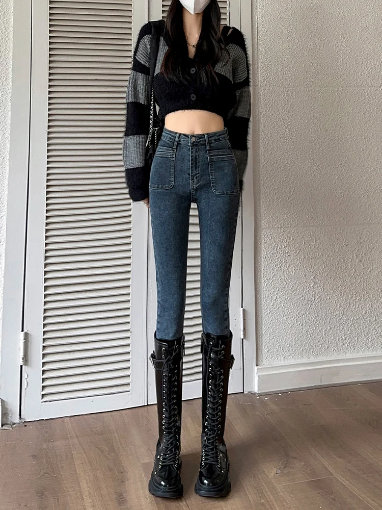 Thiened Fce taille haute coupe ajustée Vintage Denim jean femme automne hiver minceur petite taille crayon pantalon