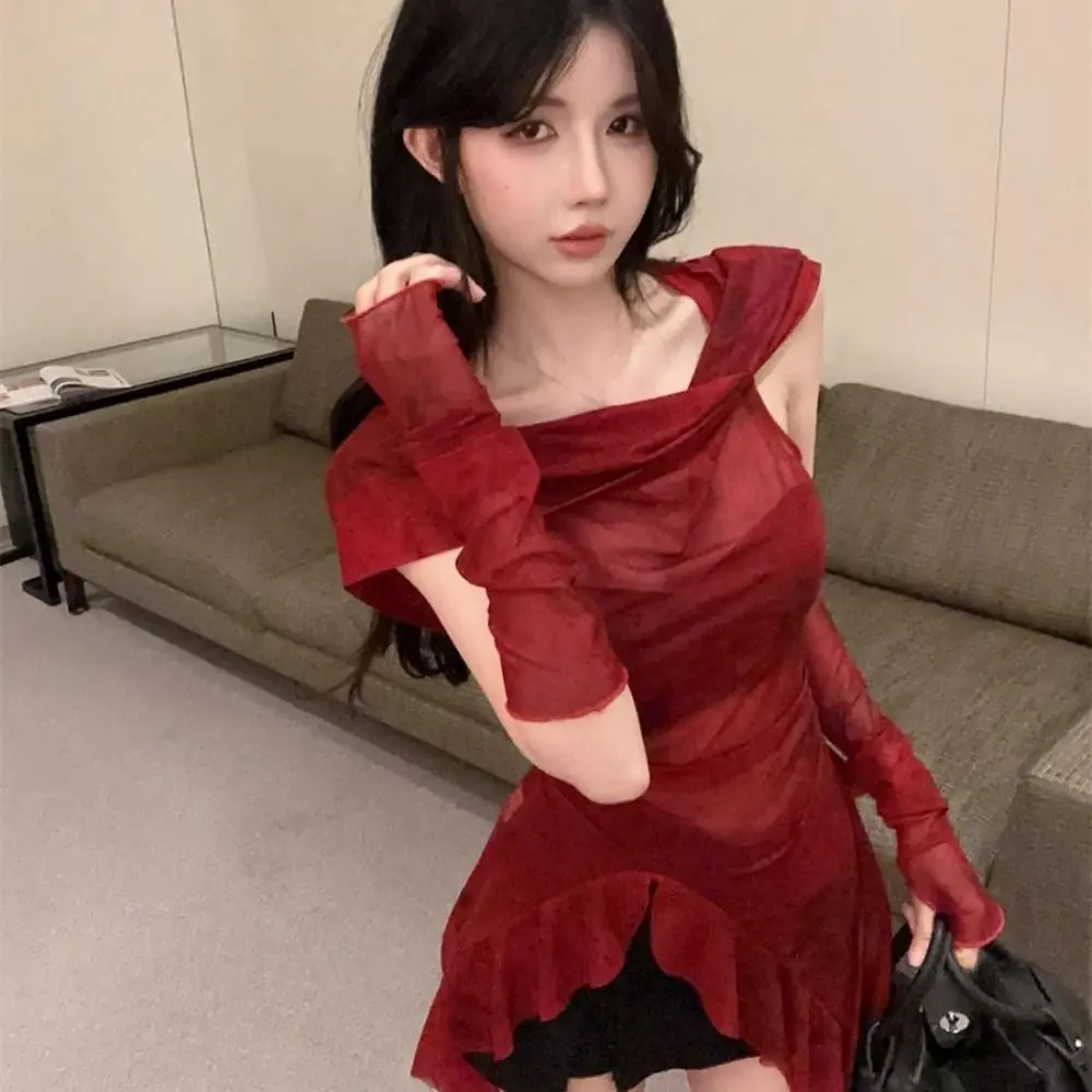 

Y2K Tees Ruffle Long Sleeve Shirt Mesh Hooded T-shirt Vintage Gothic Hooded Square Neckline Design Streetwear Long Sleeve Tops