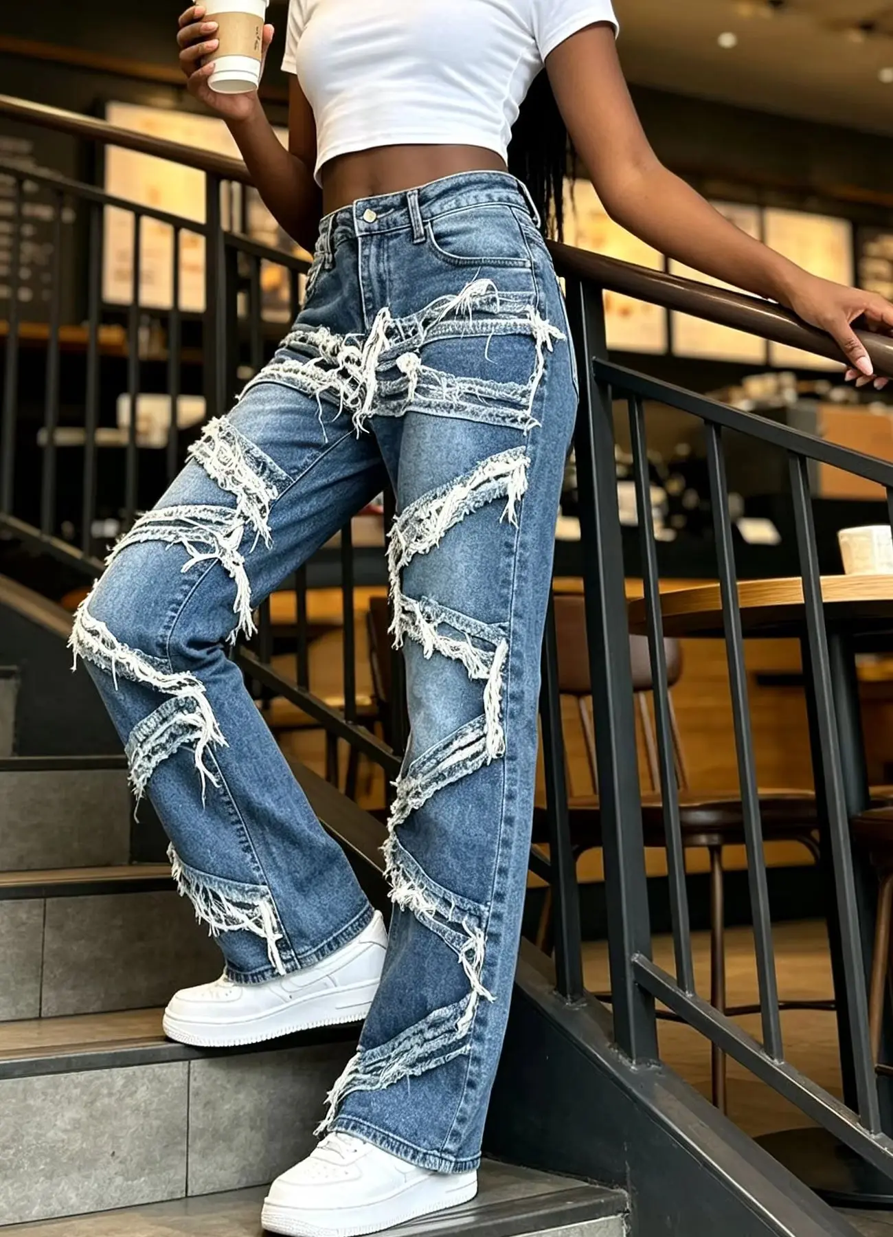 Women's Spring Autumn Light Blue American Raw Hem Tassel Denim Pants High Waist Spliced Straight Leg Pants Unique Slim Hide Hip Versatile