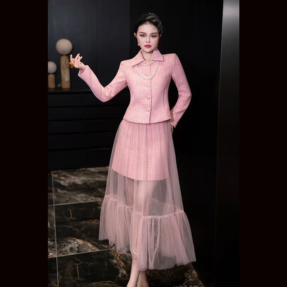 

Meyyithun Women's Set New Autumn and Winter Long-sleeved Short Coat and Tulle Skirt Set Socialite Style Pink Tweed Princess Set