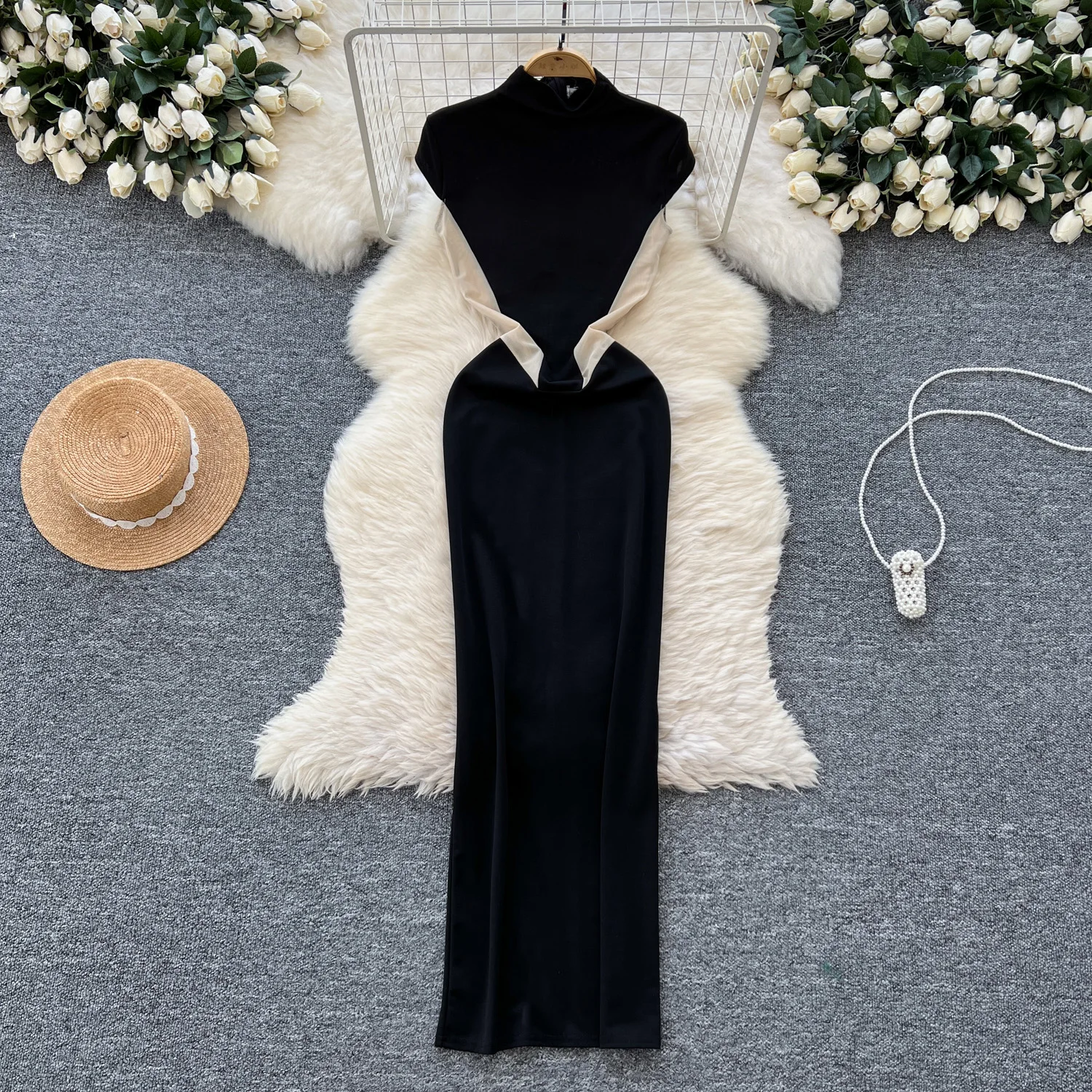 

Vintage Short Sleeve Elegant Half High Collar Chic Mesh Spliced Slim Split Dresses French Fashion Evening High Street Clothing
