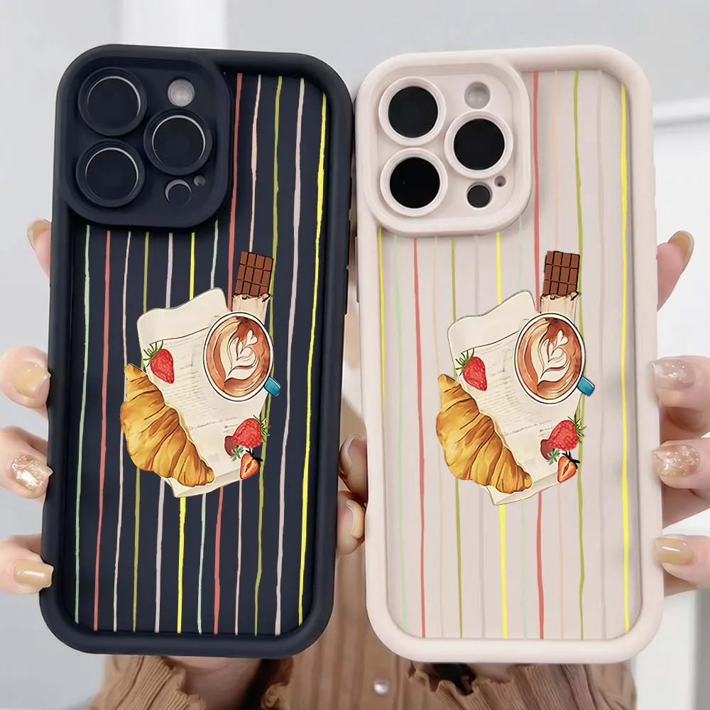 

Coffee Croissant Strawberry For Apple iPhone 17 Air 16e 16 15 14 13 12 11 XS Pro Max Plus Eye Ladder Soft Cover Phone Case