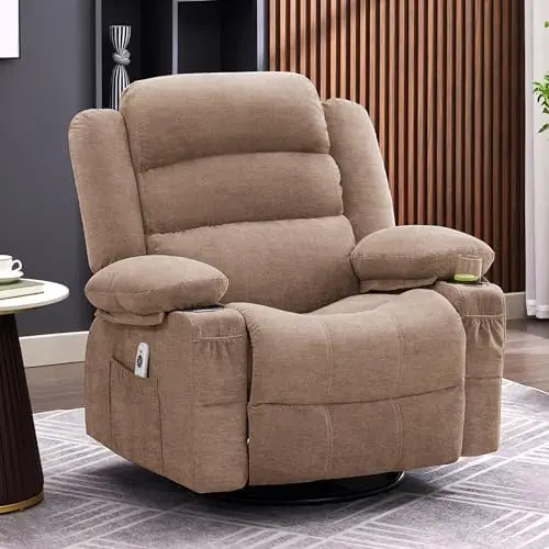 Rocker Recliner Chair with Heat & Massage, 360° Swivel, Oversized Single Sofa Seat (Brown)