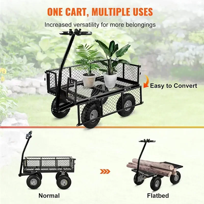 عربة عربة حديقة ذات 4 عجلات شديدة التحمل مخصصة، عربة أدوات بإطار فولاذي وسعة كبيرة للفناء والمزرعة والتخييم #4